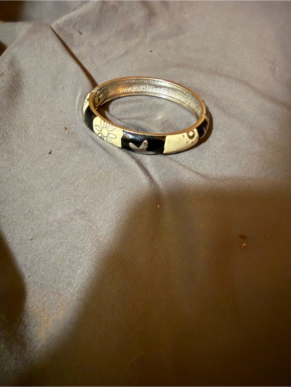 Black and Cream Floral Enamel Hinged Bangle Bracelet